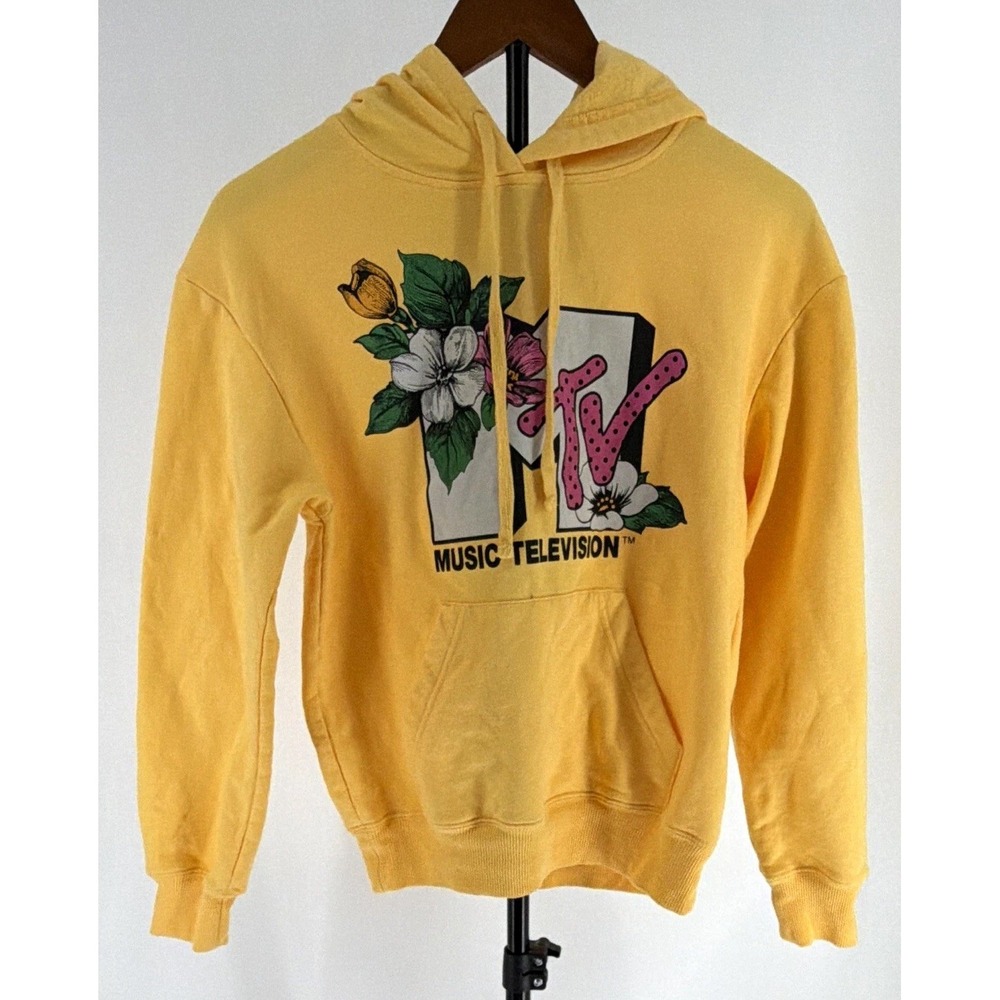 MTV Women's XS Butter Yellow Pullover Hoodie Graphic Print Floral Music Pockets